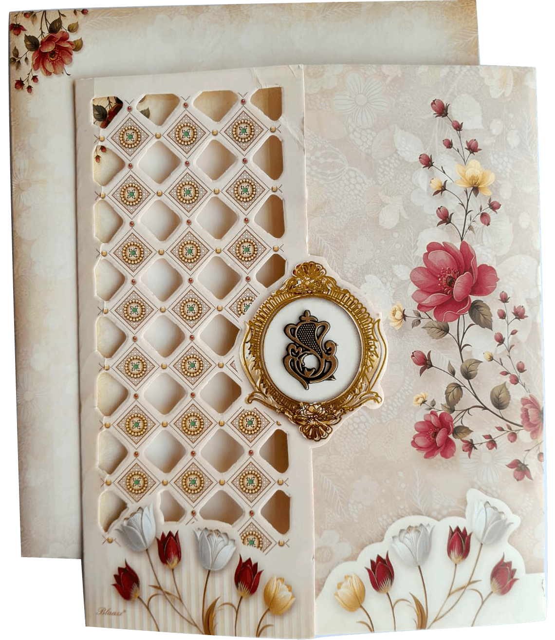 A laser-cut or die-cut geometric pattern floral artwork with tulips and roses. — front design