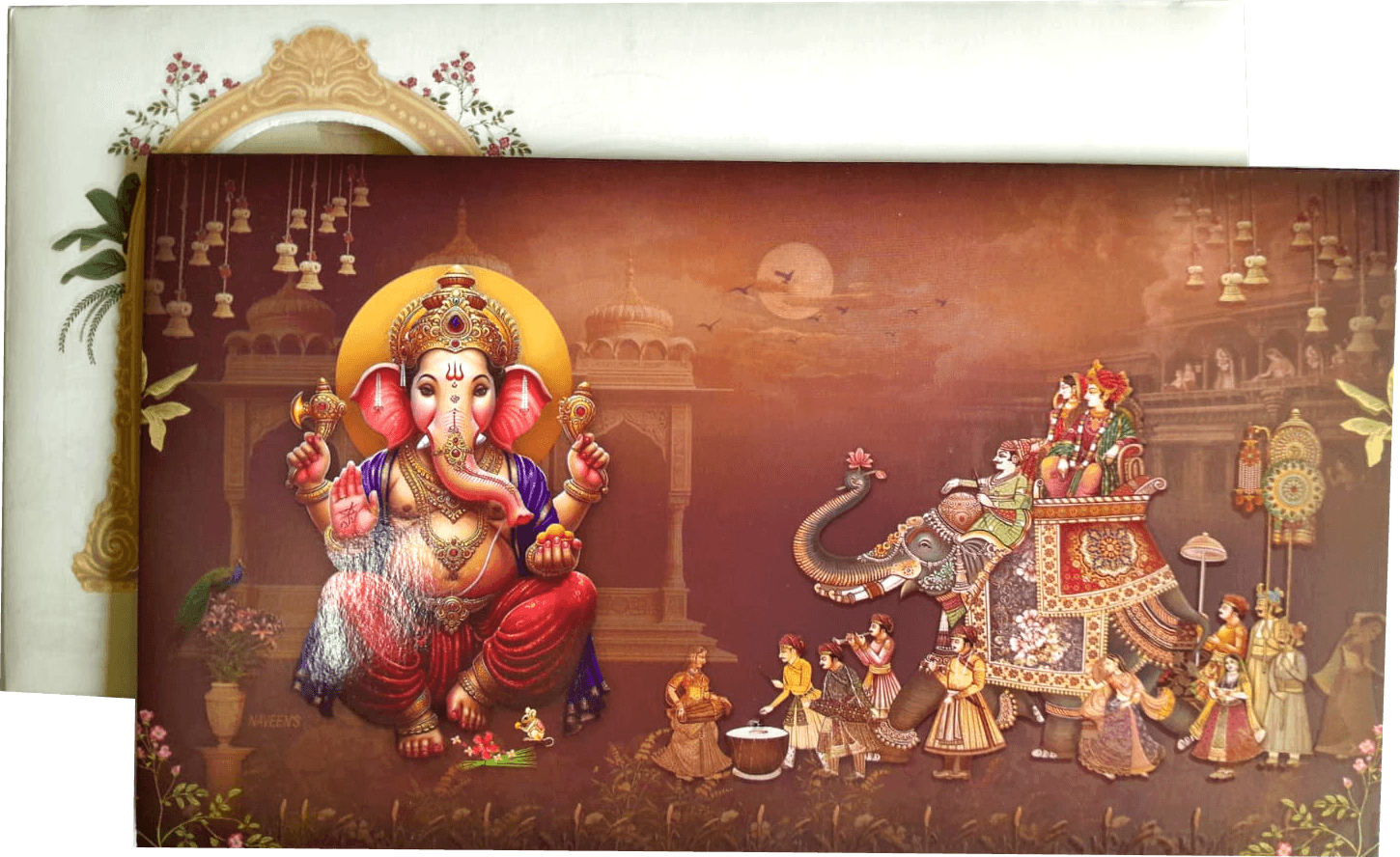 Hindu wedding invitation card ,  seated Lord Ganesha on the left and a royal Baraat — front design