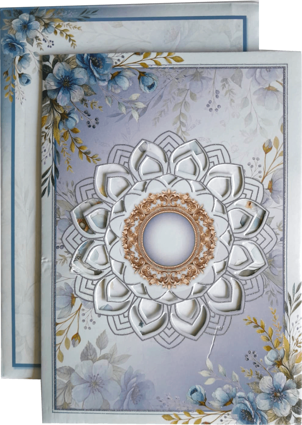 Blue floral Dia Cutting Wedding Card — front design