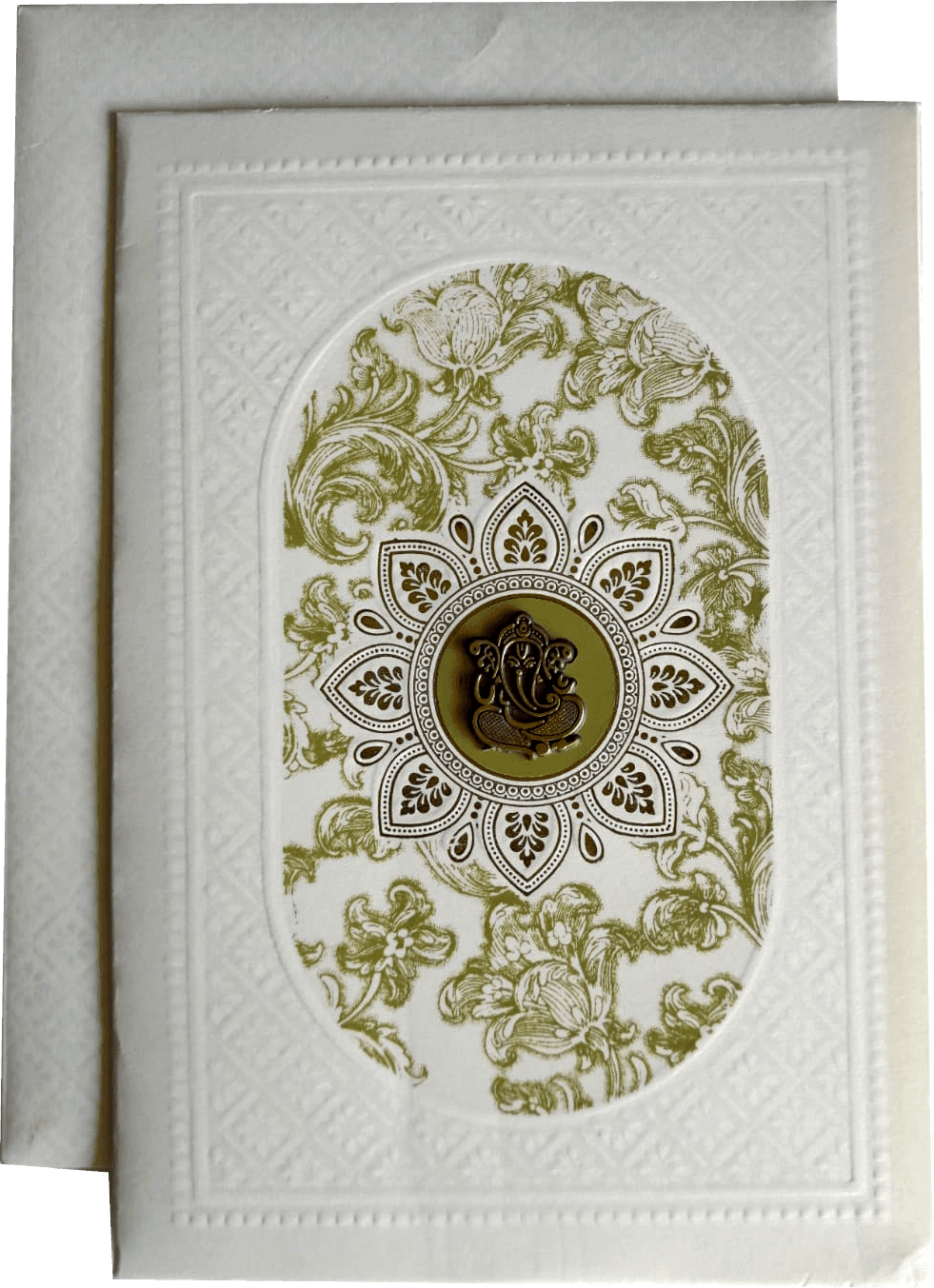 White embossed card stock with an oval floral gold-foil/green-accent center medallion Dia cutting Envelop — front design