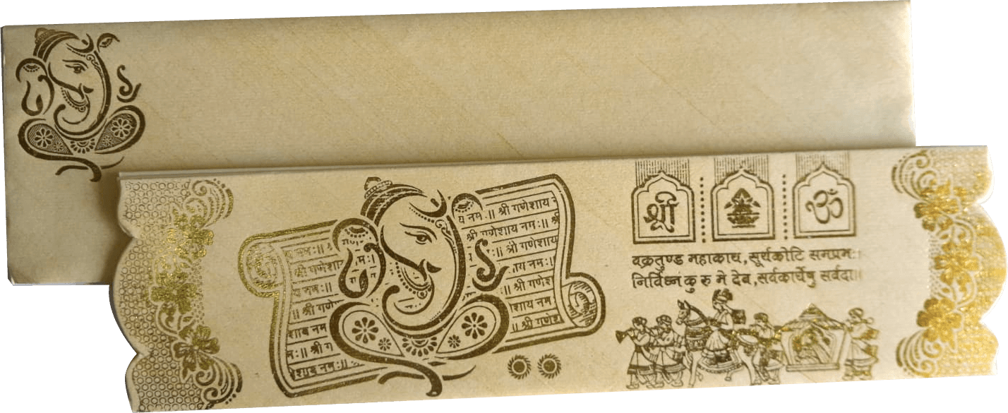 Cream-colored 4 Fold Ganesha embossed in gold foil with shloka — front design