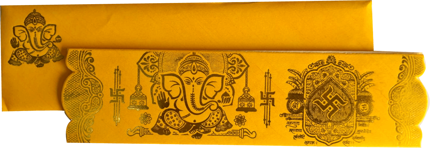 Yellow-colored 4 Fold Ganesha embossed in gold foil with shloka — front design