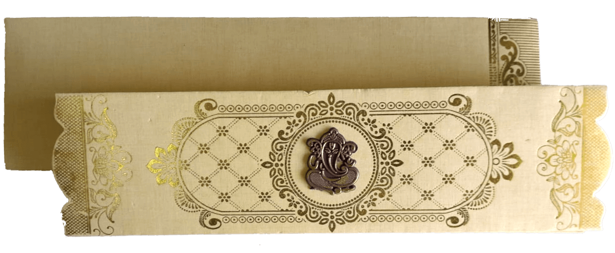 Cream-colored 4 Fold gold foil embossed in with shlok — front design