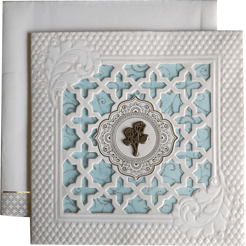 Laser-cut wedding invitation card featuring light blue color leaf wedding card — front design