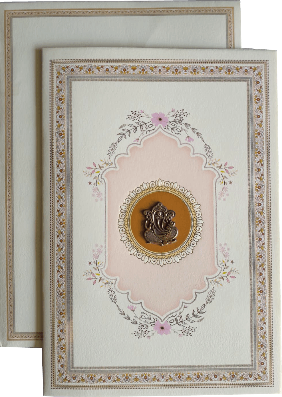 Textured floral and vine illustrations and a gold-trimmed central medallion wedding Invitation Card — front design