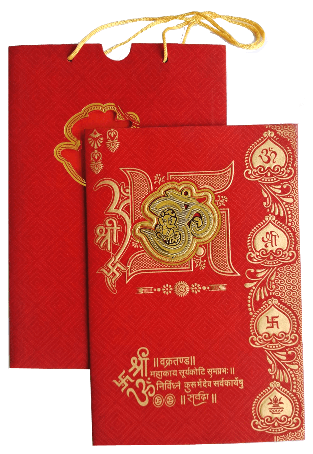 Red Carry-bag Hindu wedding invitation card featuring a golden embossed Om and Ganesha emblem — front design