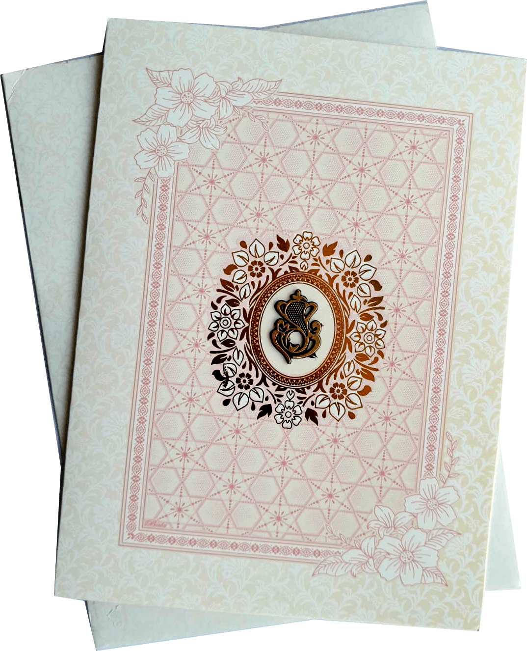 Cream and pink central window cut and corner floral Card — front design