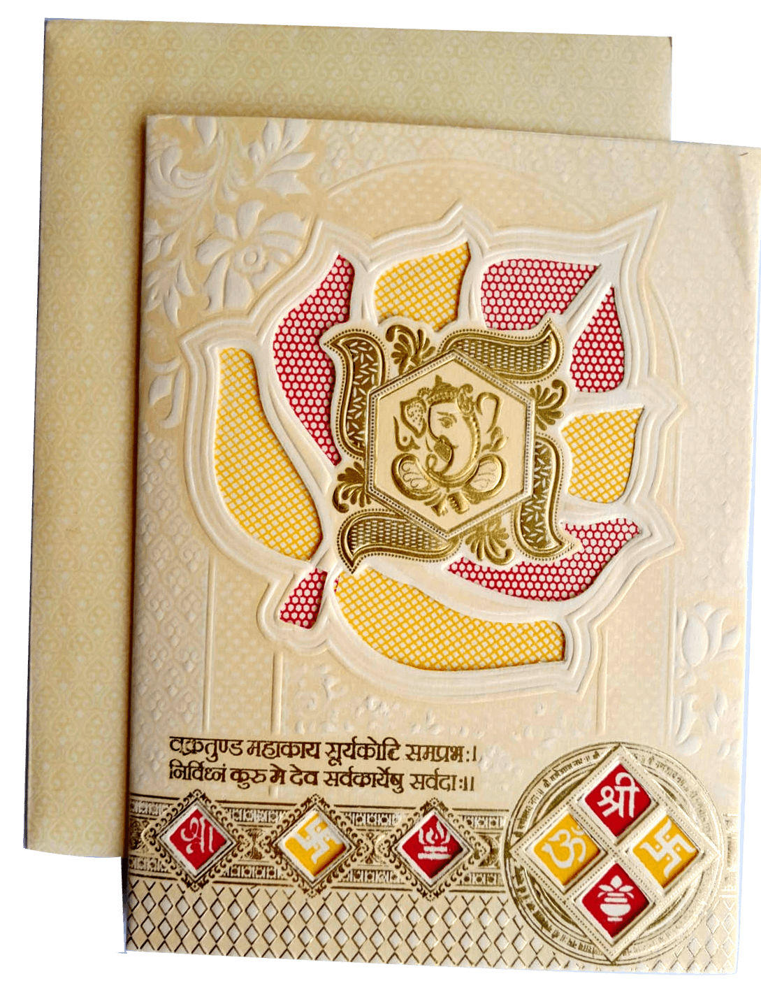 Cream colored, featuring an embossed Ganesha motif, floral and lotus die-cut patterns with red and yellow highlights — front design
