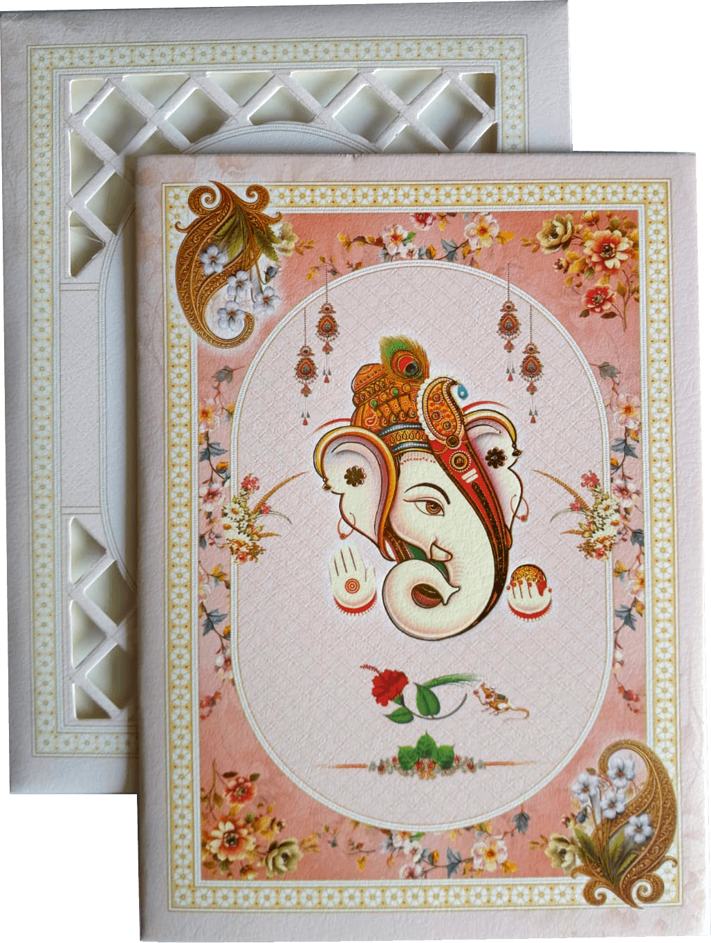 Lord Ganesha in the center, surrounded by soft pink floral patterns dia cutting envelop — front design
