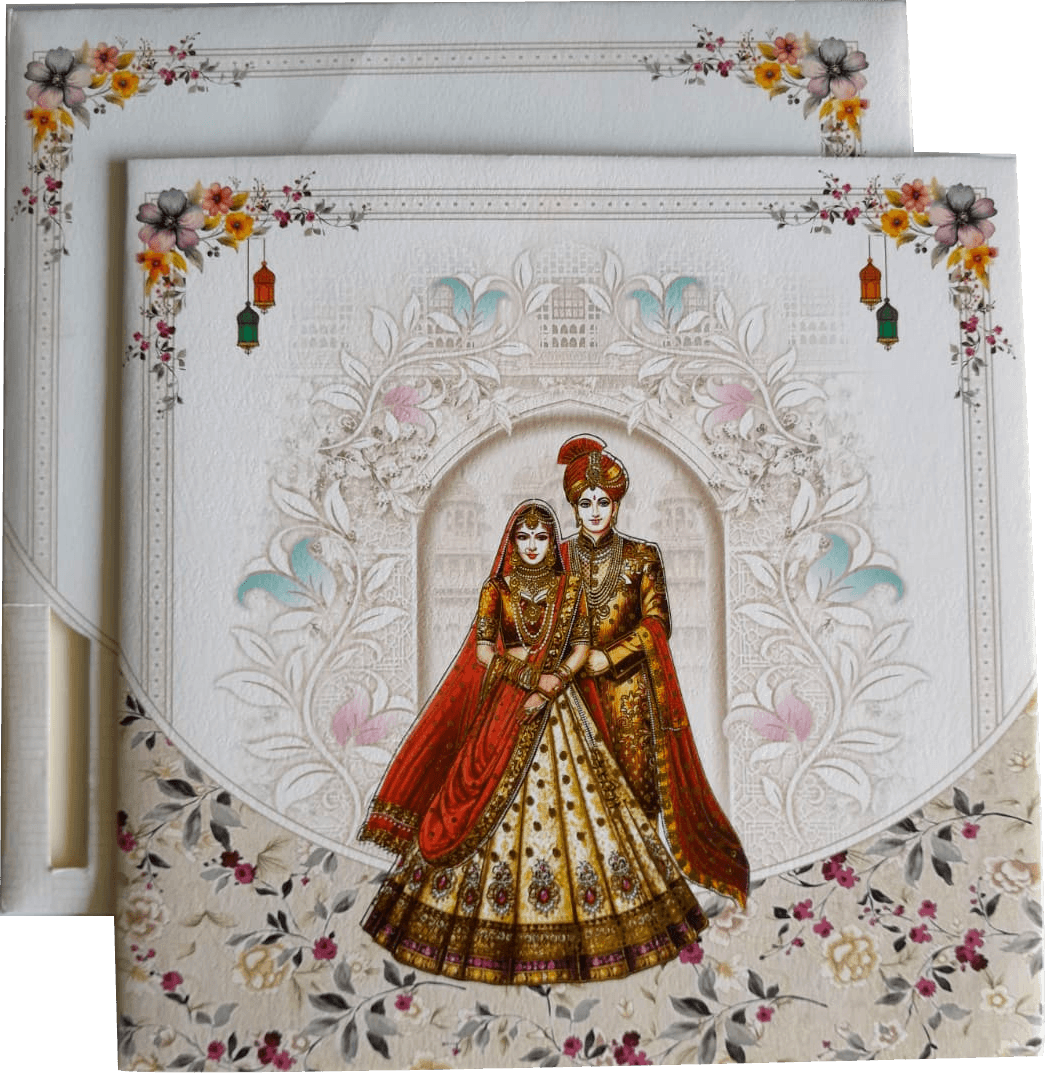 Royal Indian bride and groom (Dula-Dulhan / Raja-Rani) with dia cutting envelop — front design