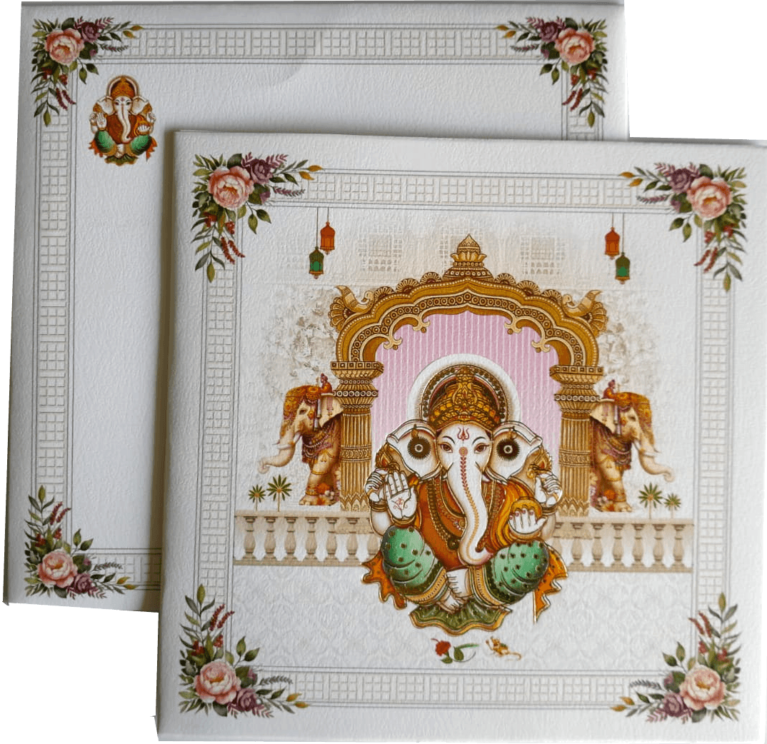 Traditional elephant figures on either side and colorful floral artwork in the four corners of a cream-textured card stock — front design