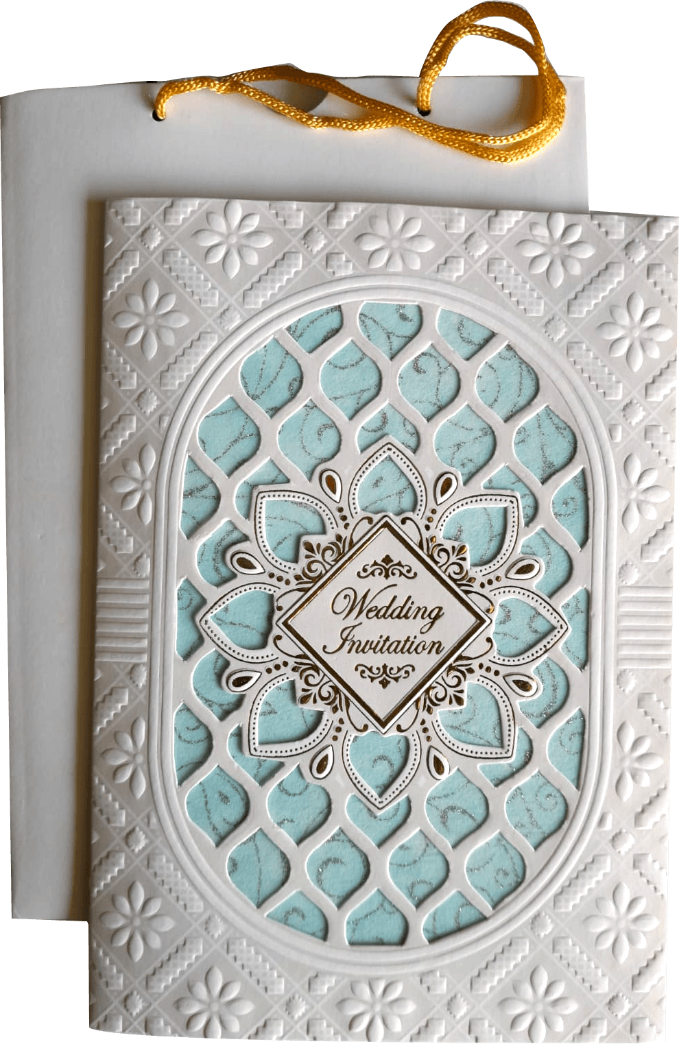 Laser-cut wedding invitation card featuring light blue color leaf Carry Bag wedding card — front design