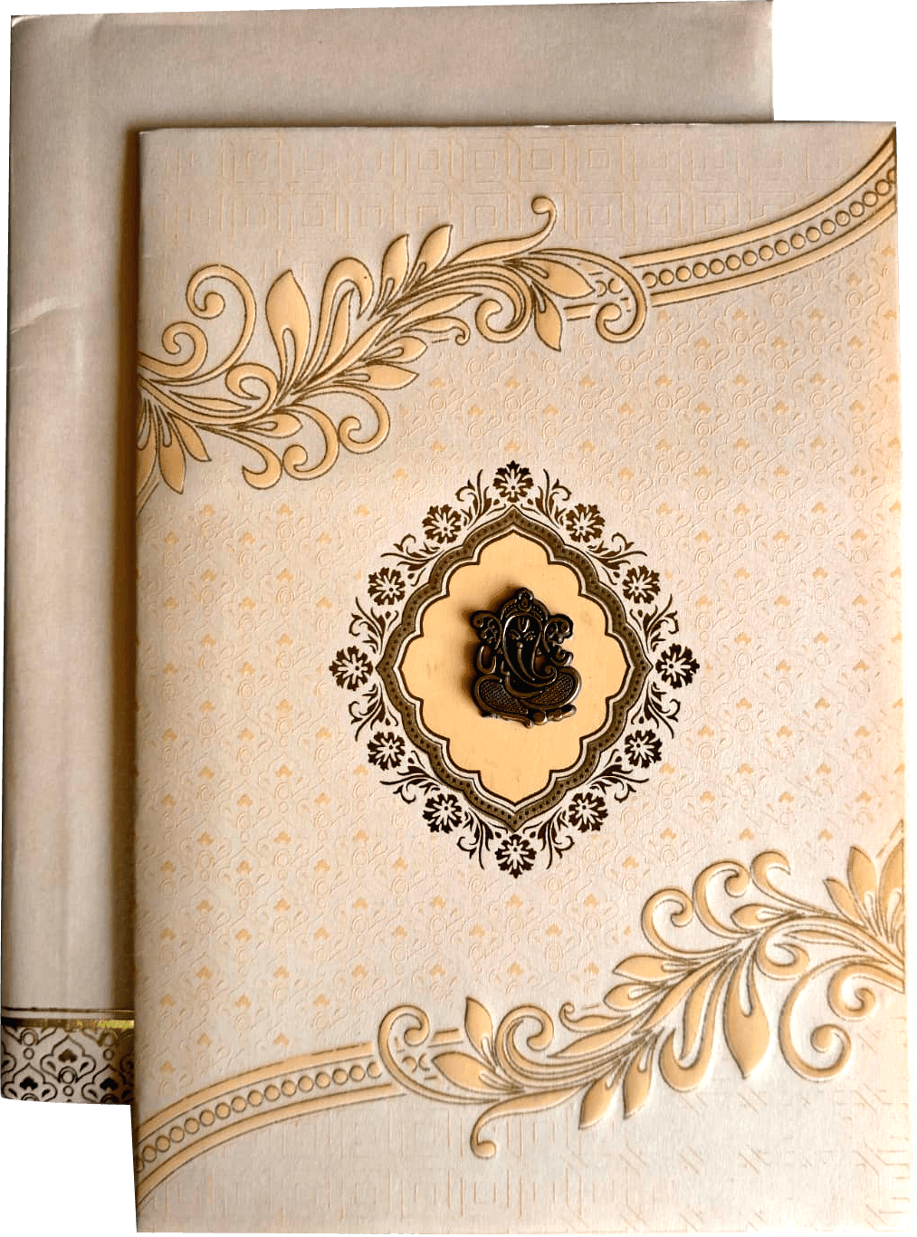 Hindu wedding invitation card featuring an embossed floral pattern, decorative corners, and a central medallion. — front design