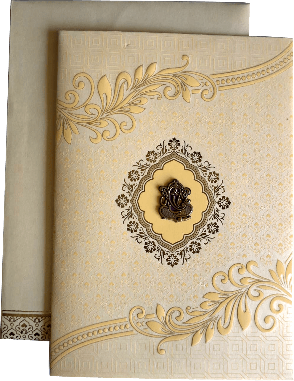 Hindu wedding invitation card featuring an embossed floral pattern, decorative corners, and a central medallion. — front design