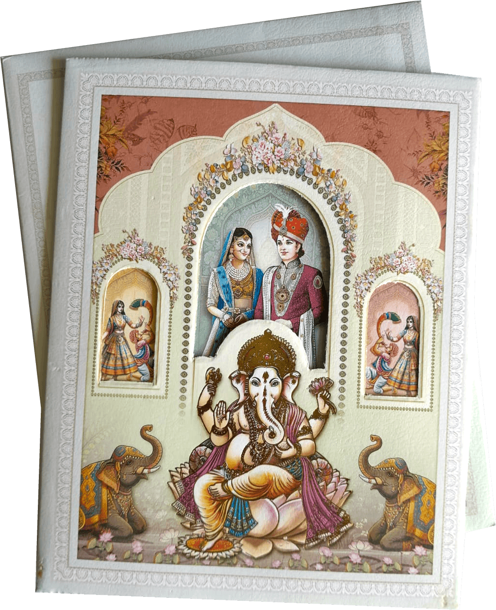 Traditional temple architecture with floral borders, an arched window frame for the couple, and a seated Lord Ganesha. — front design