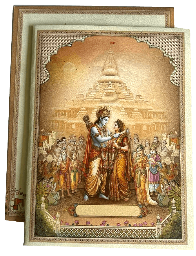wedding invitation card features a divine, temple-themed design. — front design